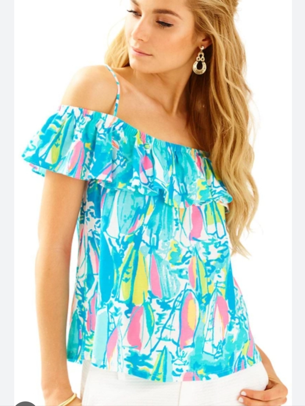 Lily Pulitzer Tamiami Ruffle Top Off The Shoulder Sz S Blue Pink Beach Vacation
